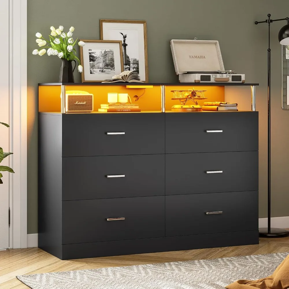 Black Dresser for Bedroom with 6 Drawers, Dressers & Chests of Drawers with Column Design & Charging Station, Modern Bedroom