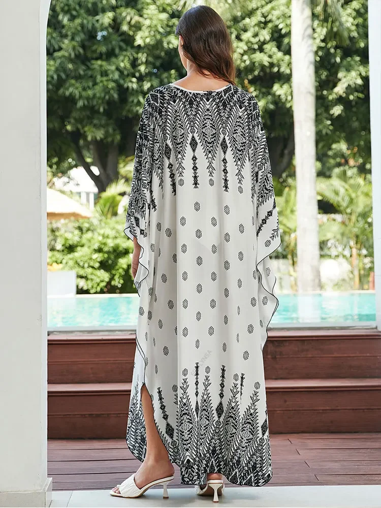 2023 Bohemian Printed Handmade Knitting Sexy V Neck Long Sleeve Dress For Women Clothing Autumn Beach Wear Maxi Dresses Q1591