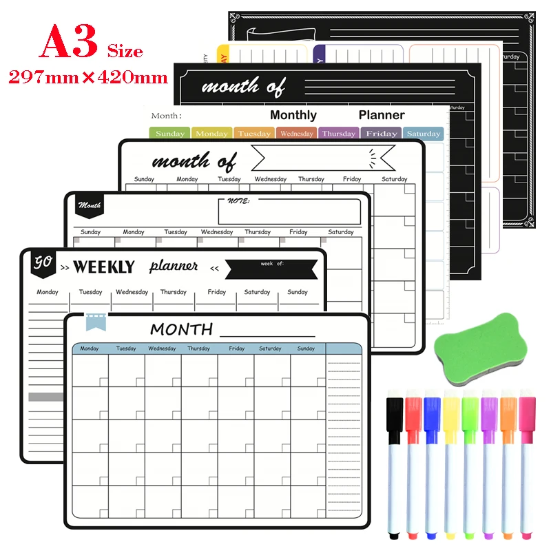 

Magnetic Weekly Planner Whiteboard for Fridge Dry Erase Calendar Message Board Menu A3 Size