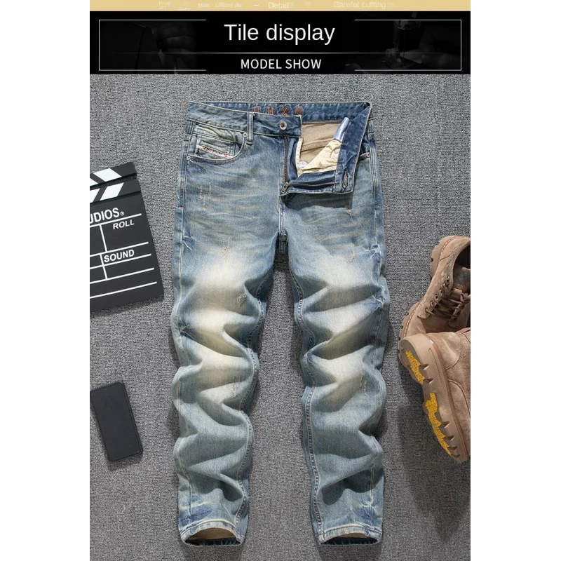 

Fashionable street nostalgia heavyweight retro jeans for men, slim fit small straight tube, vintage washed casual trend pants