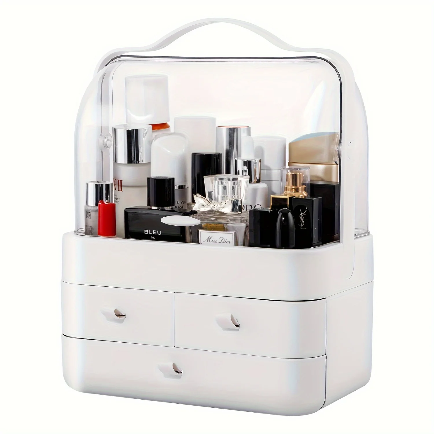 White Makeup Organizer with Lid, Drawers, Dust Free Cover, Portable Handle - Bathroom Countertop & Dresser Storage & Gift