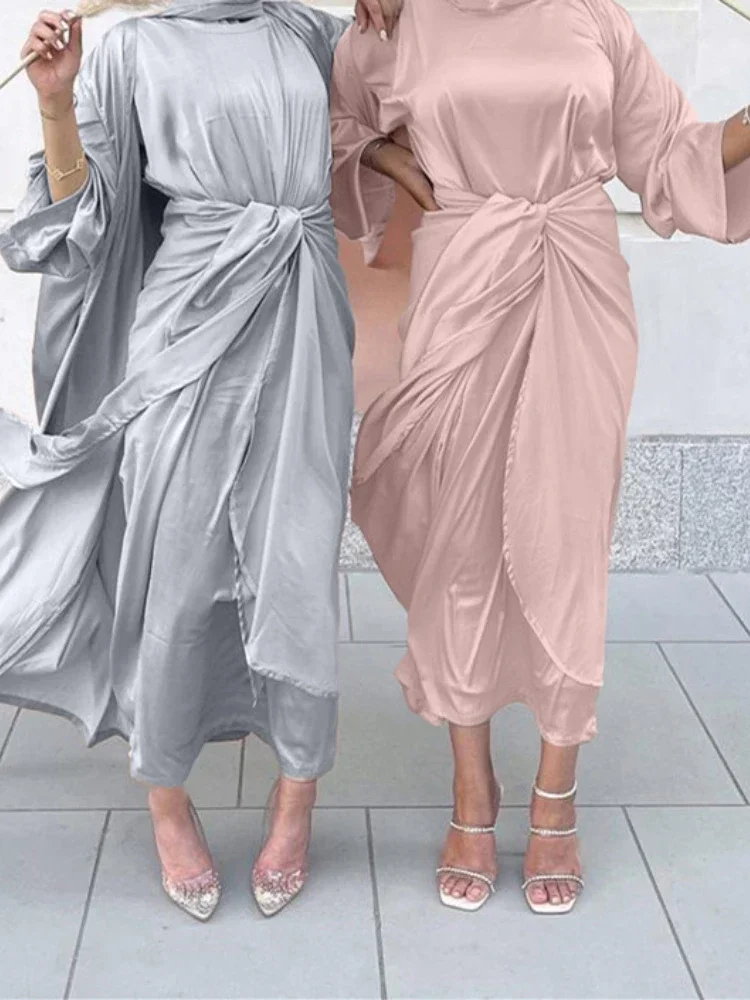 Eid Muslim 3 Piece Abaya Dress Set Women Morocco Party Dresses Belted Kaftan V-neck Maxi Prayer Abayas Maxi Long Vestidos 2026
