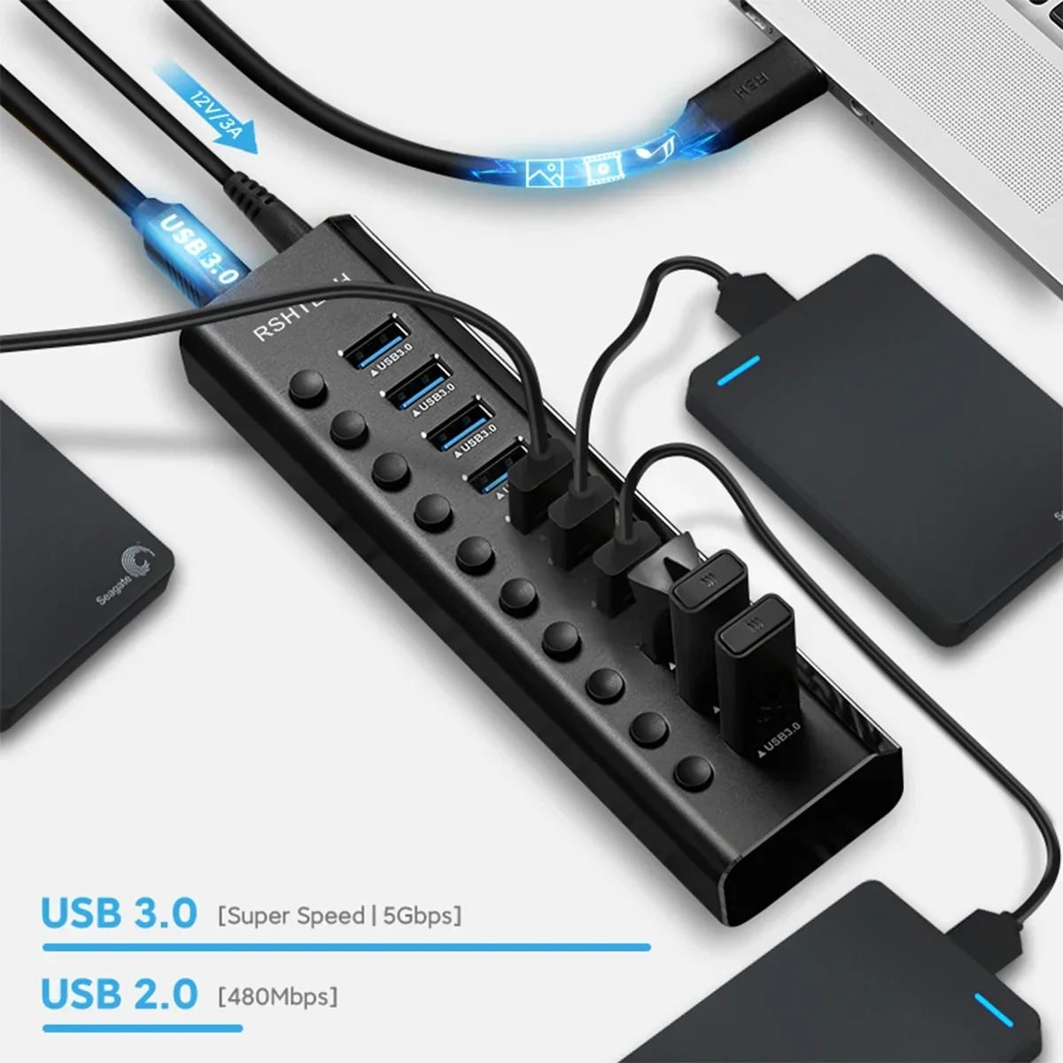 Imagem -03 - Rshtech Usb Hub 10 Portas 5gbps Usb 3.0 Hubs de Dados com 36w 12v 3a Adaptador de Alimentação Interruptores Liga Desliga Individuais Portátil Usb Divisor