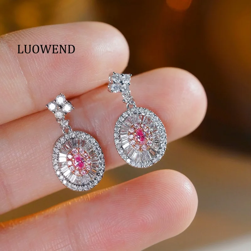 LUOWEND, pendientes de oro blanco de 18 quilates, joyería fina, diseño elegante con forma ovalada, pendientes con diamantes rosas naturales, para mujer, ideales para bodas.