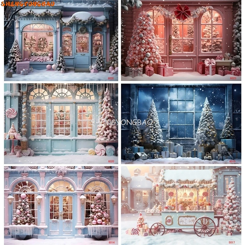 

Christmas Tree Presents Flower Wreath Photography Backrops Window Snowman Pink House Door Anniversary New Year Photo Background