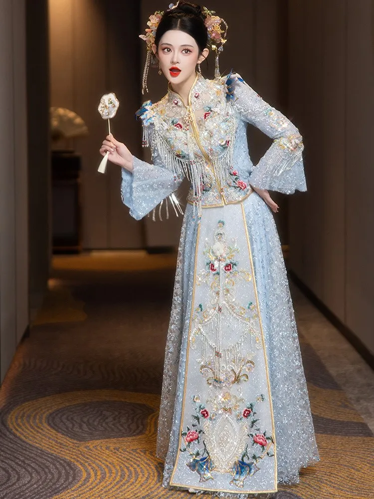 

New light-colored blue wedding dress for brides Chinese-style toasting gown and women