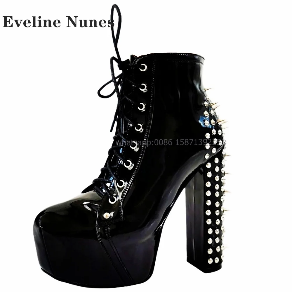 Rivet Decoration Platform Ankle Boots Round Toe Height Increasing Solid Cross Tied Patchwork Booty Sexy Punk Spicy Girl Shoes