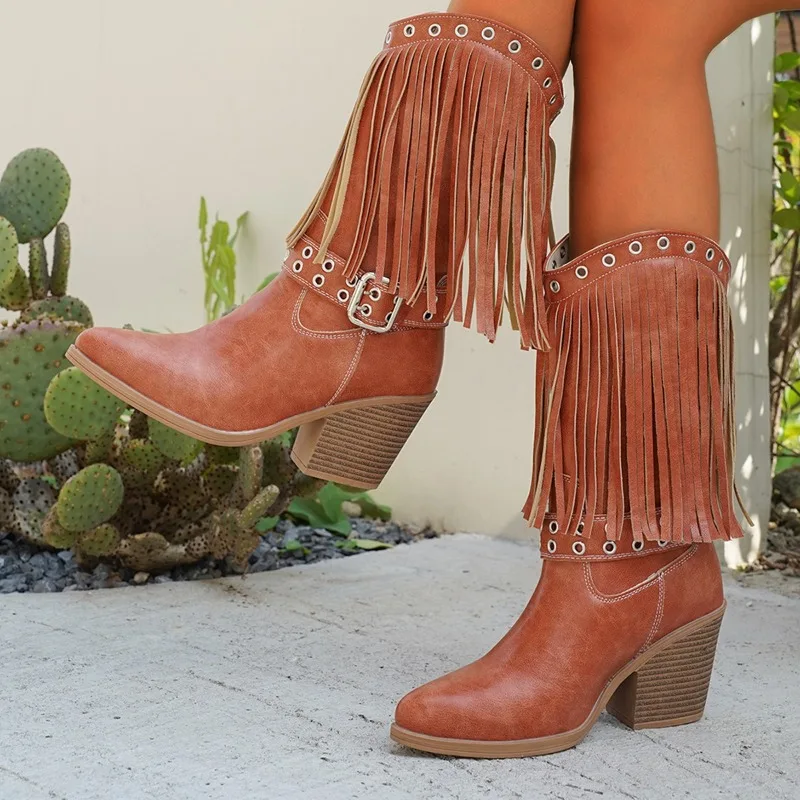 

Designer Women's Boots Fashion Pointed Thick Heel Leather Boots Tassel Mid-calf Boots Women's Western Cowboy Booties Botas Mujer
