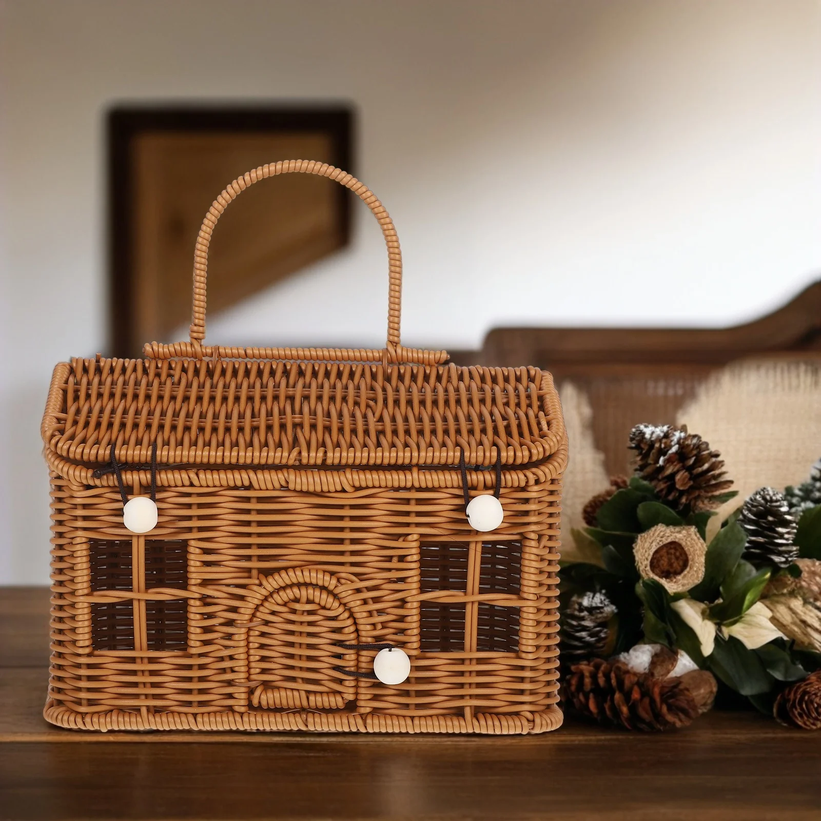 

1pc Vintage Woven Picnic Basket With Lid Handle Small Storage For Wedding Favors Bread Fruits Snacks Outdoor Lightweight