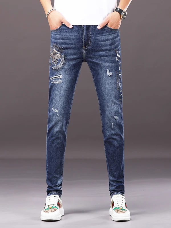 

High-End Embroidered Rhinestone Ripped Jeans Men's Summer Trendy Slim Fit Casual Long Pants Cotton Elastic Denim