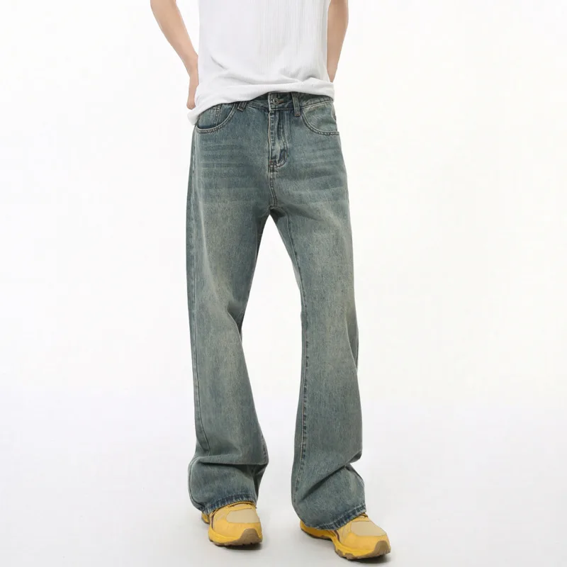 High Street Men's Washed Flared Denim Pants Solid Color Straight Wide Leg Male Trousers New Trendy Autumn 2024