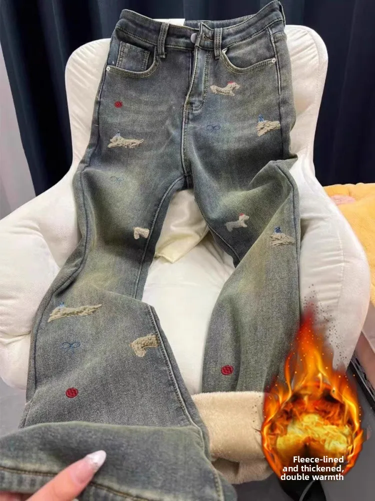 

Большие размеры Fce Lined Thiened Micro Flared Джинсы женские осенне-зимние с высокой талией для похудения эластичные прямые широкие брюки...