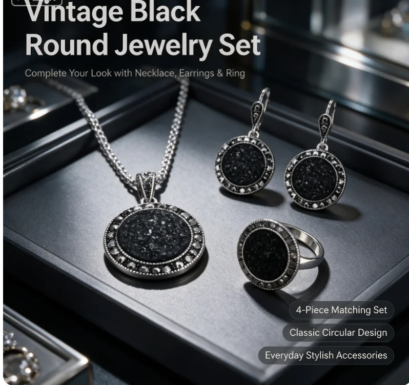Black Alloy Round Crushed Stones Jewelry Set Necklace: 1Set Earrings Rings Elegant Gift Women Wedding Party