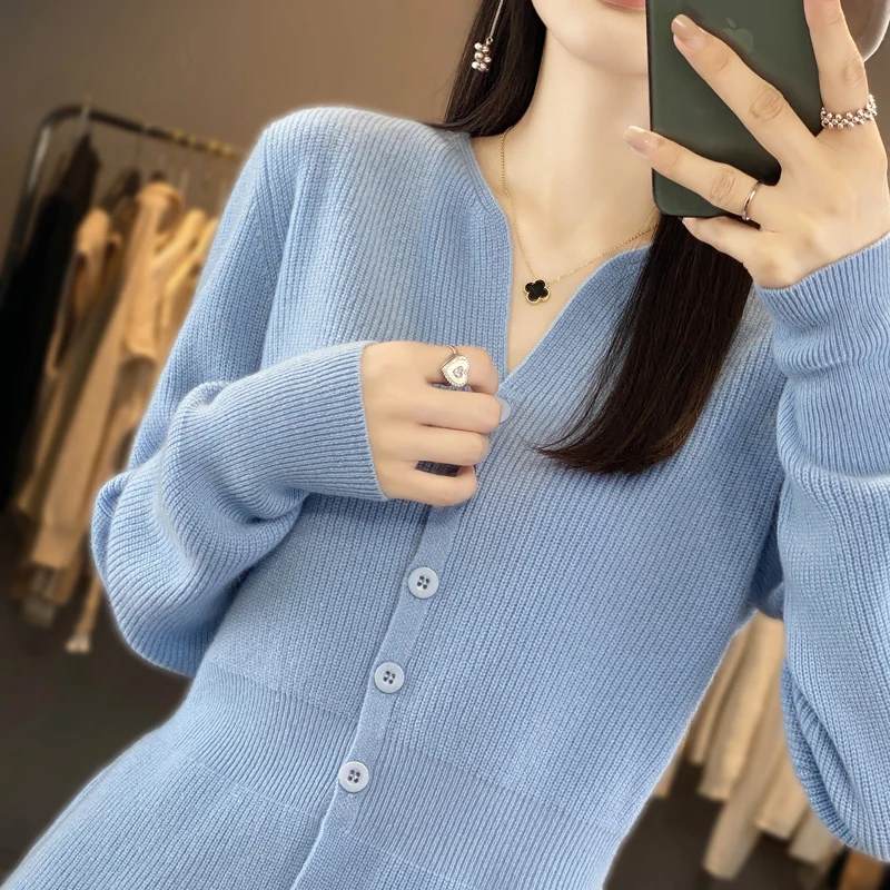 Women Knitwears 100% Pure Wool Knitted Cardigans Hot Sale Winter Vneck soft Warm Jumpers Female Tops