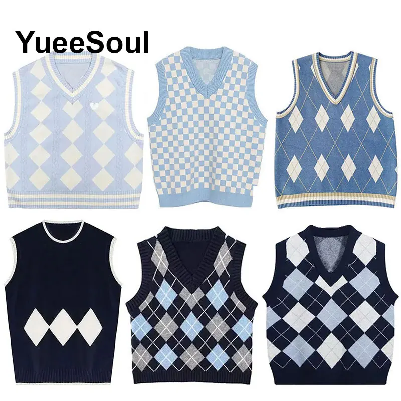Blue Argyle Women's Vest Plaid Sleeveless Pullover Loose Knitted Sweater Vest 2025 New Autumn Y2K Casual Oversized Waistcoat