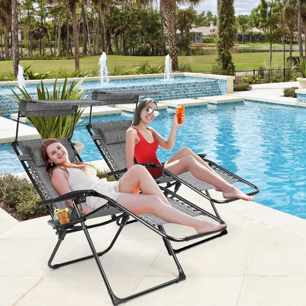 Para foteli rozkładanych z funkcją nieważności: duże krzesła wypoczynkowe na zewnątrz z baldachimem i uchwytem na napoje