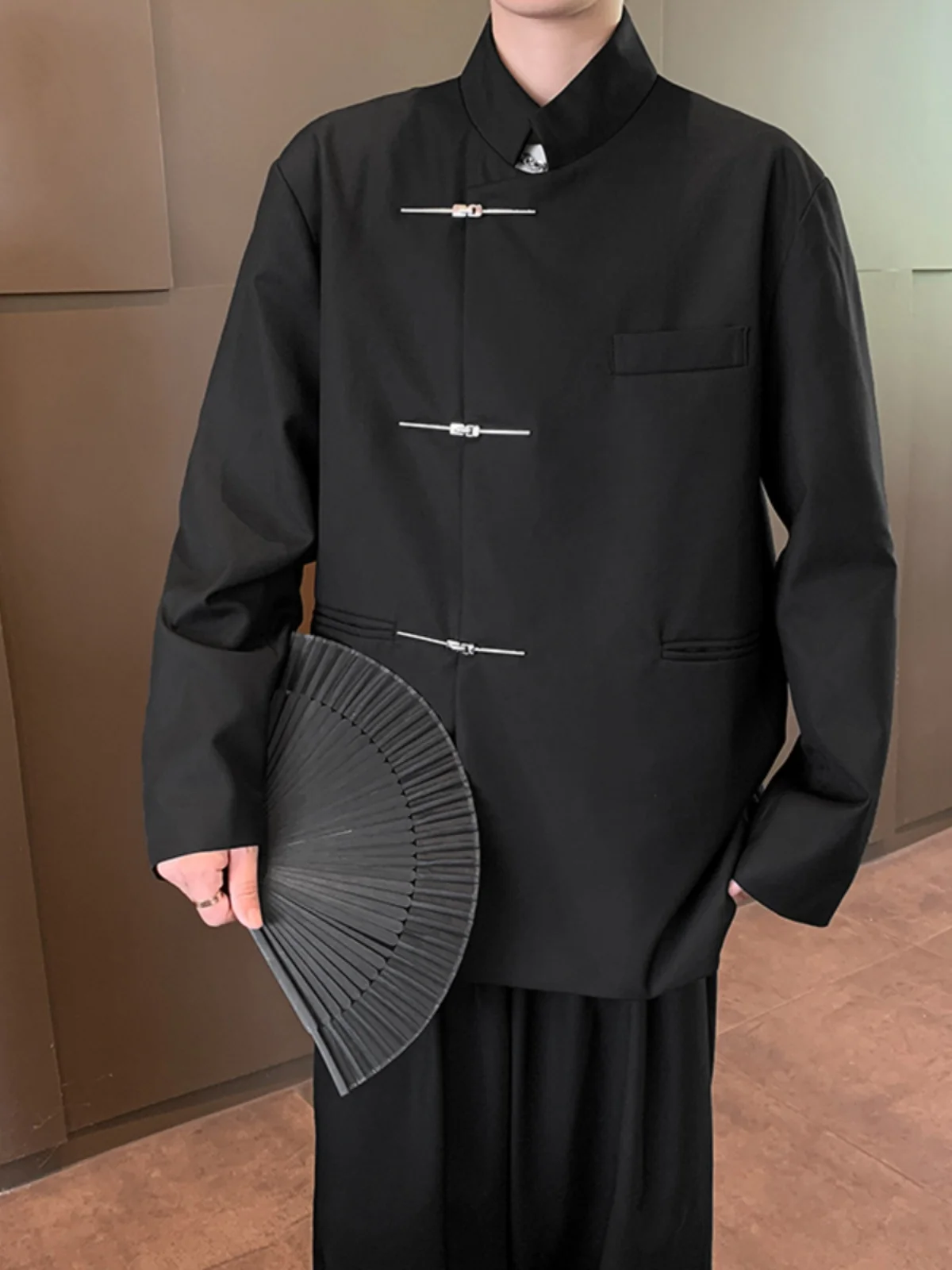 

Casual Metal Bule Men's Suit Jaet New Chinese Sle Stand Collar Outerwear Loose Trendy Spring Autumn Leisure Western Suit