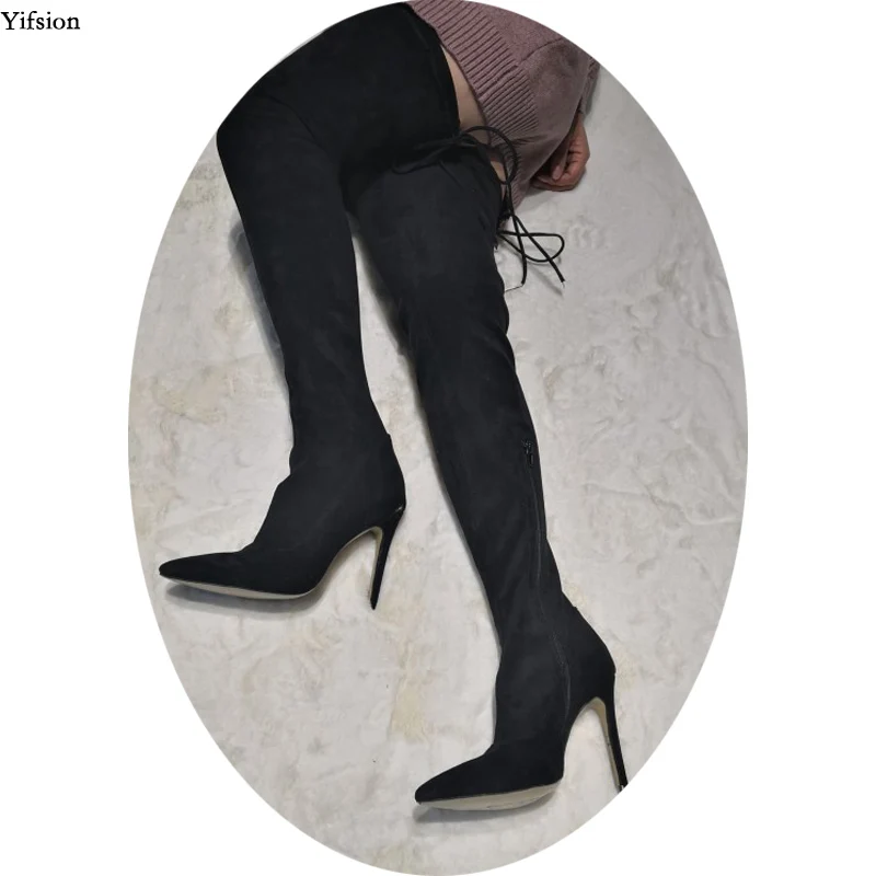 

Olomm New Arrival Women Over The Knee Boots Stiletto High Heels Boots Pointed Toe Sexy Black Shoes Women Plus US Size 5-15