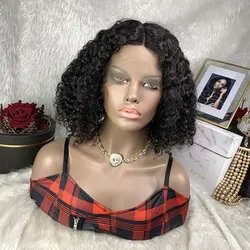 Perruque Bob Lace Wig naturelle Remy bouclée, cheveux courts, noir, 14 pouces, boucles Pixie, Deep Water, pour femmes