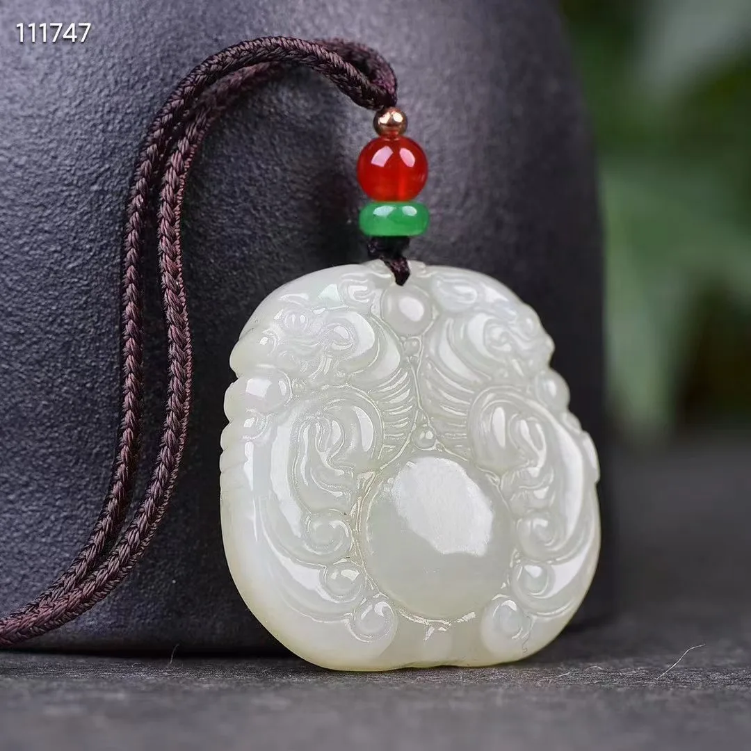 

Natural 100% real white hetian jade carve Two headed beast Bless peace Attracting Wealth pendant jewellery for men gifts luck