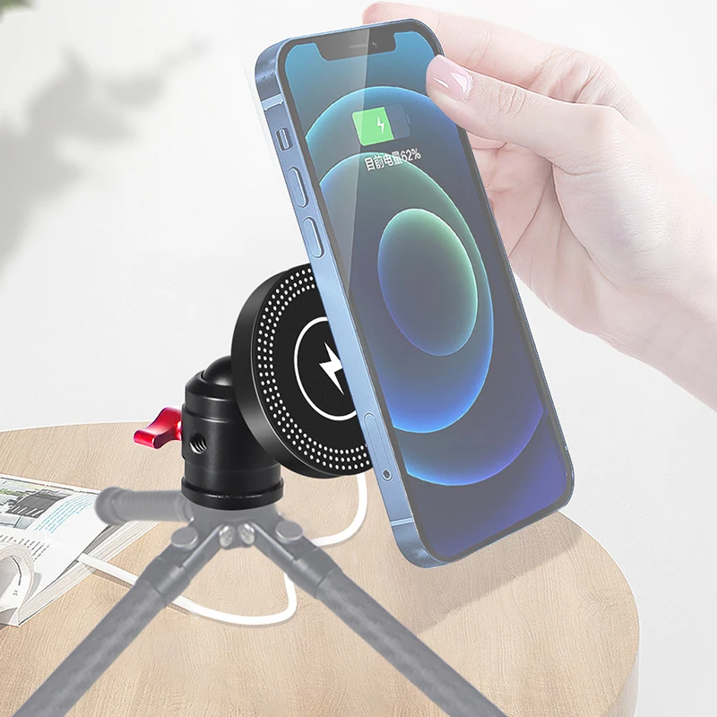 Magnetic Suction Cup Phone Holder 360 Pan Tilt Adjustable Ball Head Cold Shoe Mount Wireless Charging for MagSafe Tripod Bracket