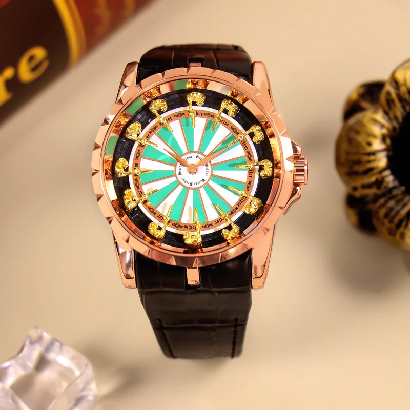 

Мужской розово-черный кожаный ремень, модный стиль, креативные кварцевые часы Twelve Knights с круглым столом и указателем