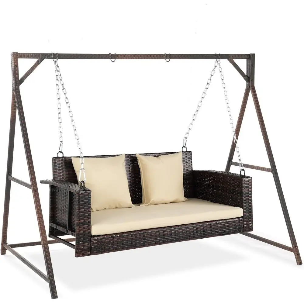 

Durable 800 lbs Weight Capacity Rattan Swing Set with Cushions for Outdoor Porch, Yard, or Garden in Brown