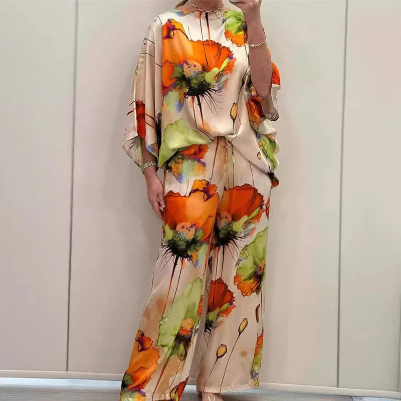 Spring Elegant Print Satin Women 2 Piece Set Outfit Sexy O Neck Top Pullover Long Pants Suit Summer Batwing Sleeve Loose Clothes