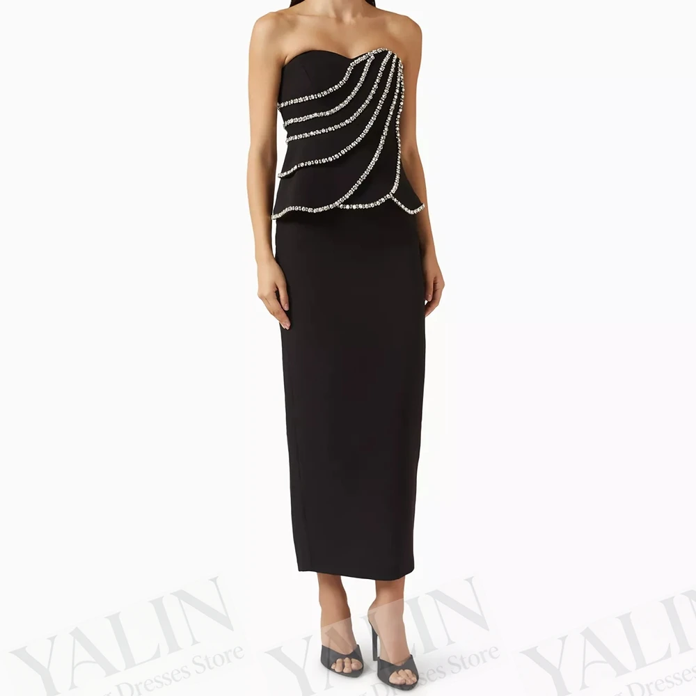 

Women's Straight Evening Dresses Tea-length Strapless Sleeveless Prom Gown Simple Fashion Crystal Backless Customized Gowns