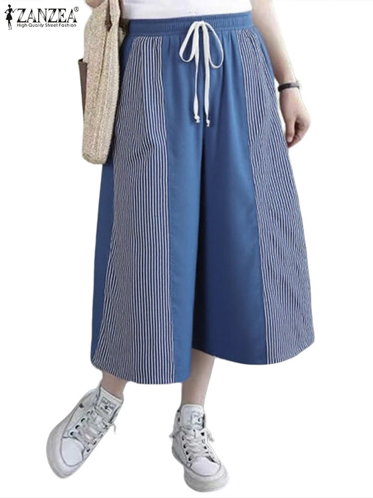 Striped Capris Women Casual Loose Pants Elastic Waist Trousers Fashion Color Patchwork Lace-Up Wide Leg Pants ZANZEA 2025