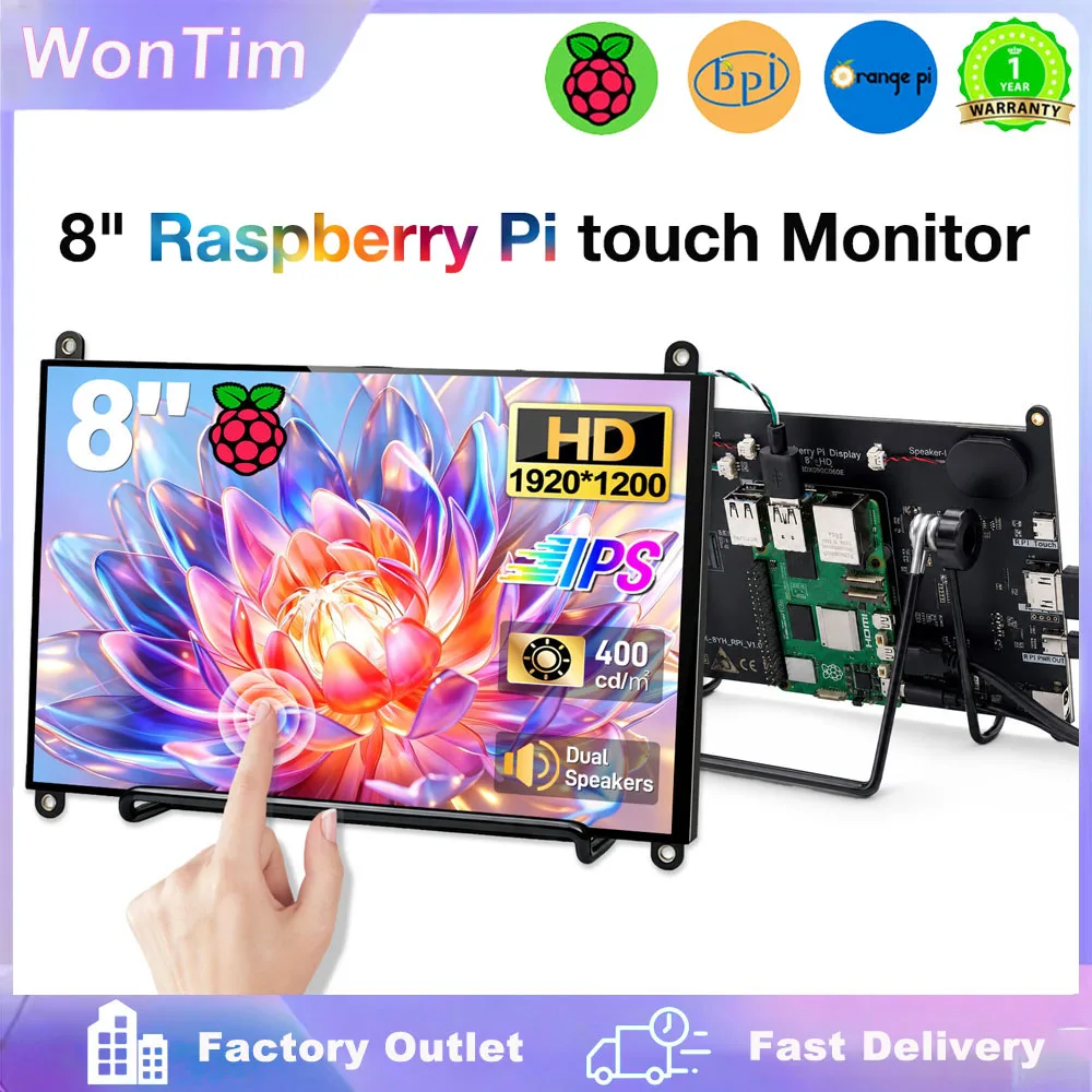 WonTim 7" 8" Raspberry Pi 5 Touch Monitor 1920x1200 IPS Built-in Speaker 4 USB HDMI Type-C Industrial Portable Display M3 Hole*4
