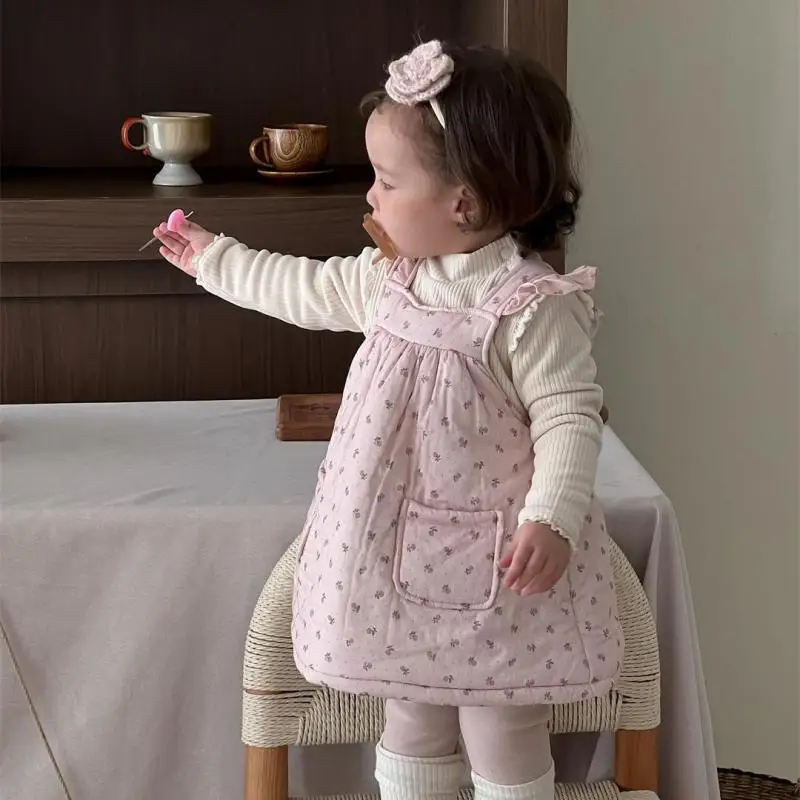Infant Toddler Princess Dress 2025 Winter New Baby Girl Sleeveless Vest Dress Thick Warm Girls Sweet Floral Strap Dress Cotton