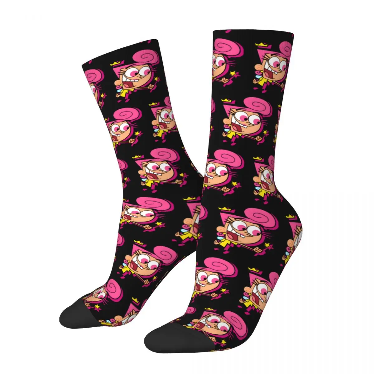 Funny Crazy Sock for Men Pink Hip Hop Harajuku The Fairly Oddparents Happy Seamless Pattern Printed Boys Crew compression Sock