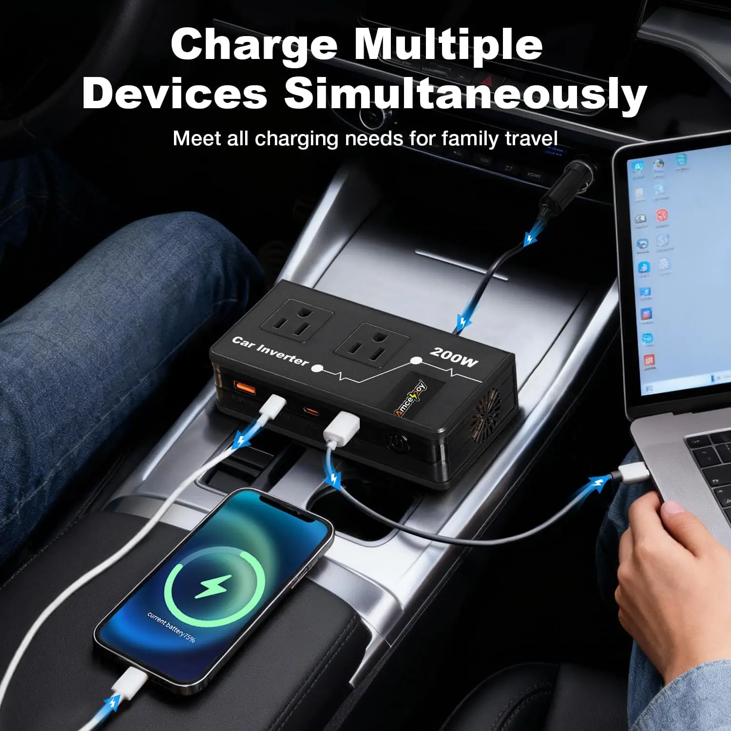 200W Car Power Inverter, Amcelooy Dual DC 12V To 110V AC Car Outlet Adapter To Wall Plug, Fast Charging 24W USB-C & USB Ports,Ca