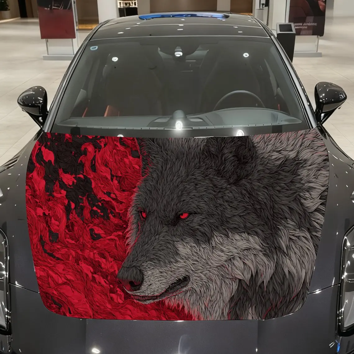 

Car Decals A Wolf In Red Floral Scene Close - Up With Piercing Gaze And Fiery Visual Dominance Car Hood Sticker, Waterproof Self