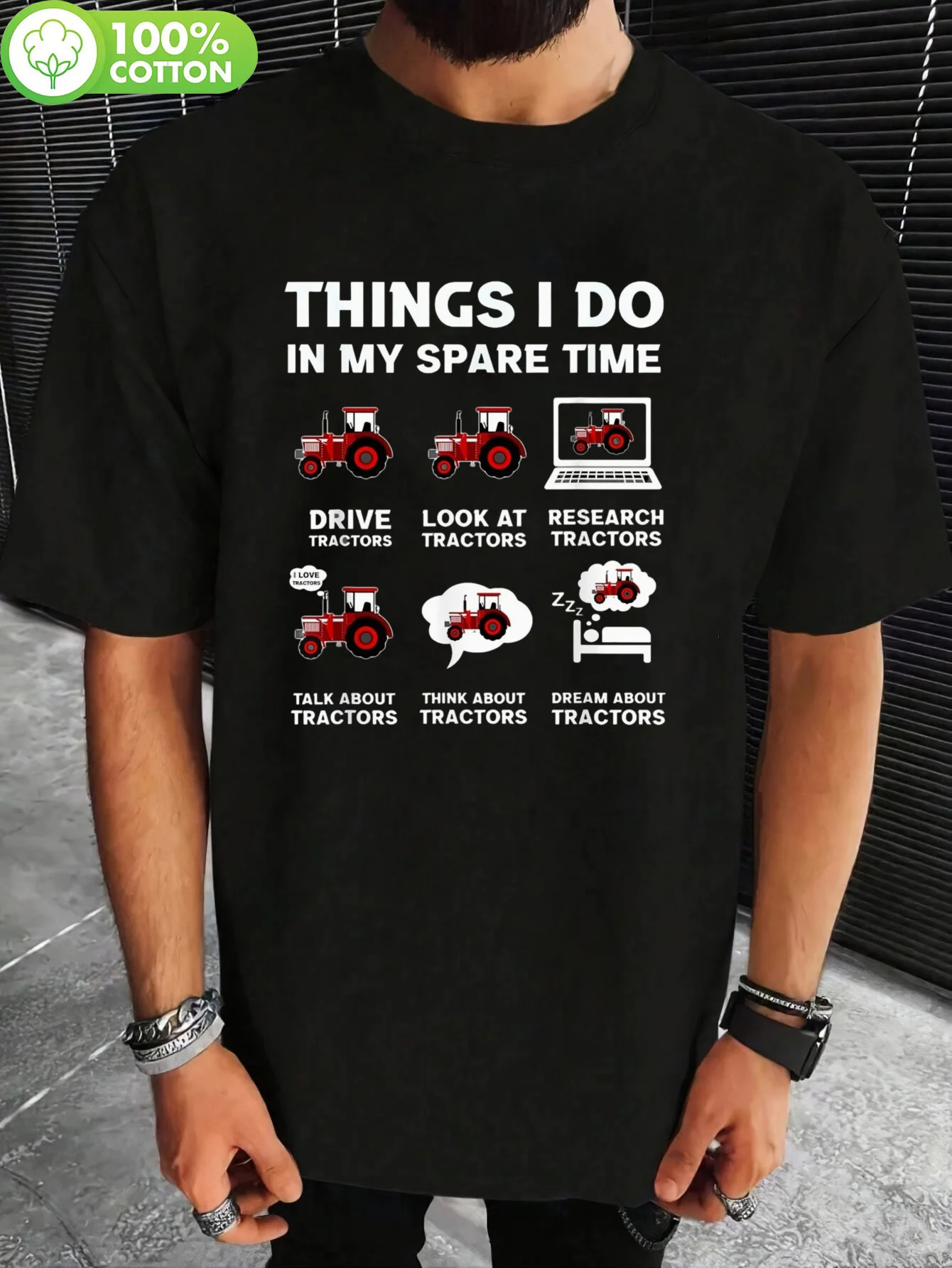 Camiseta divertida de granjero para hombre - Camiseta de algodón de 180 g/m² con la frase 'Cosas que hago en mi tiempo libre' - Gráfico de 'Conduciendo, investigando, operando tractores' - Camiseta de cuello redondo de corte holgado para papá, granjeros - Regalo para cumpleaños, Día del Padre, 4 de julio - Negra