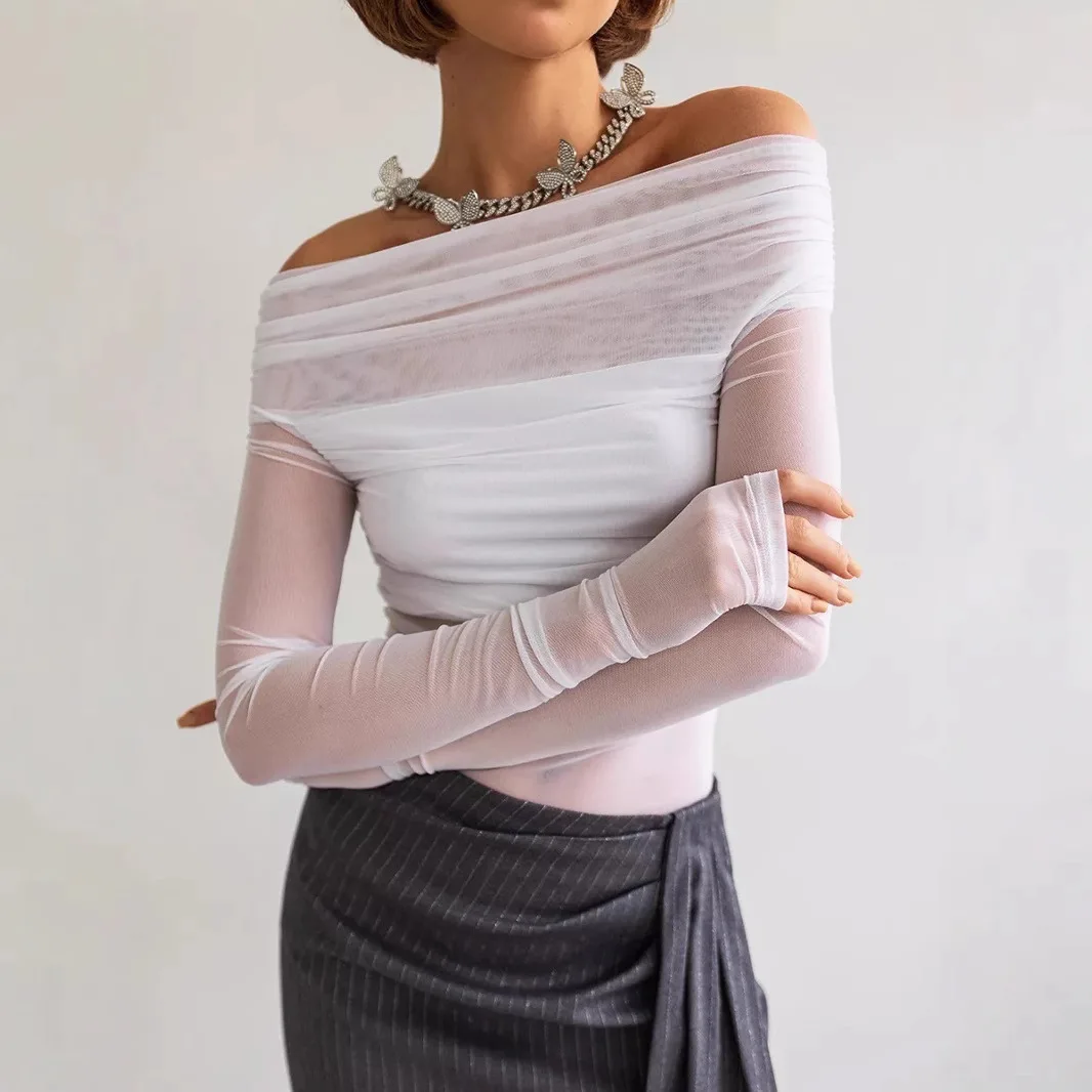 Women's Spring Autumn One-line Collar Sexy See-through Mesh Stitching Long-sleeved T-shirt