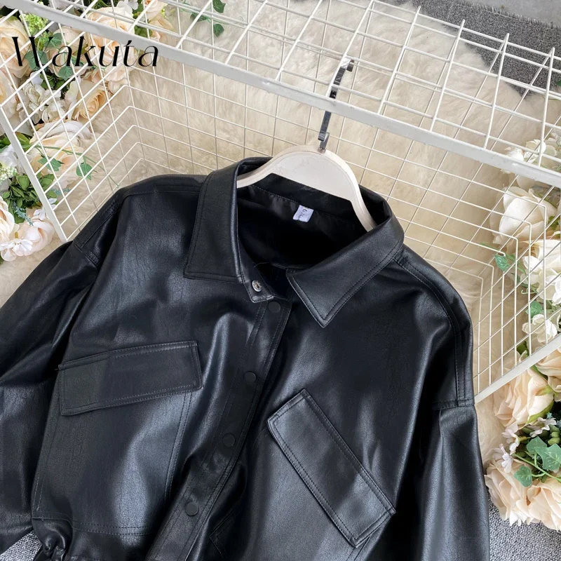 WAKUTA Korean Retro Lapel Long-sleeved Loose Leather Coats Classic Large Pockets Slim Short Section Biker Bomber Jackets Bf Wind