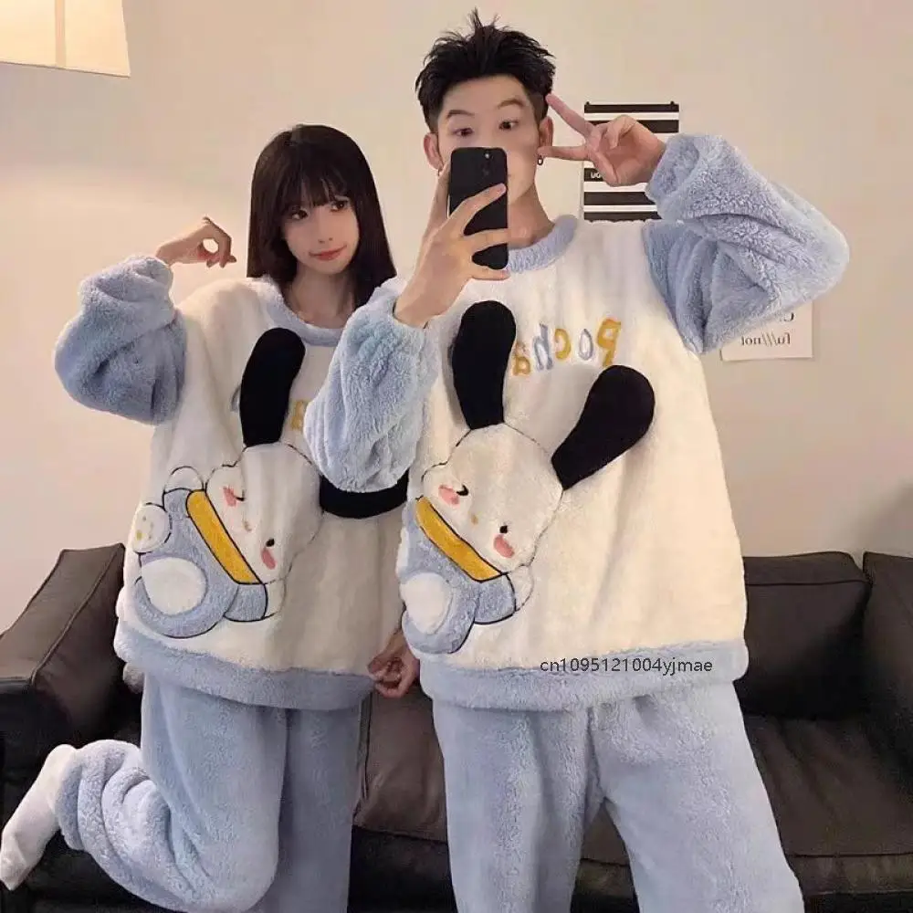 

2Pcs Cartoon Pochacco Women Men Couple Coral Fleece Pajamas Suit Sanrios Plush Pullover Top Pants Fashion Sleepwear Y2K Clothes