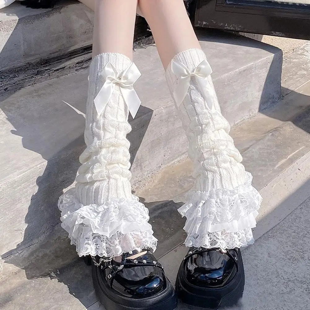 Japanese Women Knitted Leg Warmer Bow Tiered Ruffled Women's Jk T-shaped Lolita Leg Girl Socks Socks Warmers Calf Lace Decor