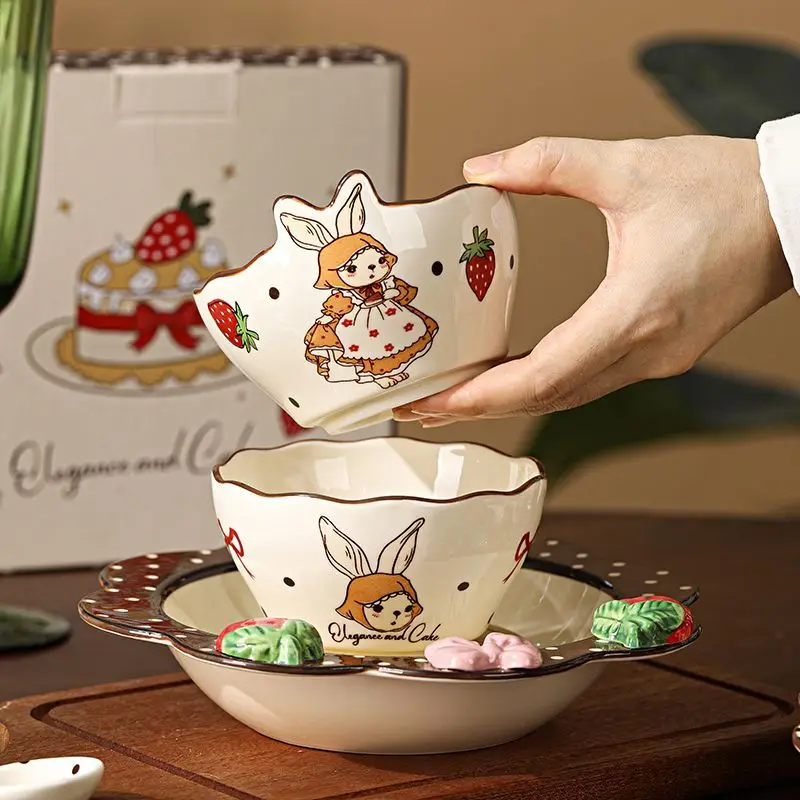 Rabbit Ceramic Tableware Italian Plate Bowl Cup Combination Household Cartoon Ceramic Dishes Cute Wind Bowl Set