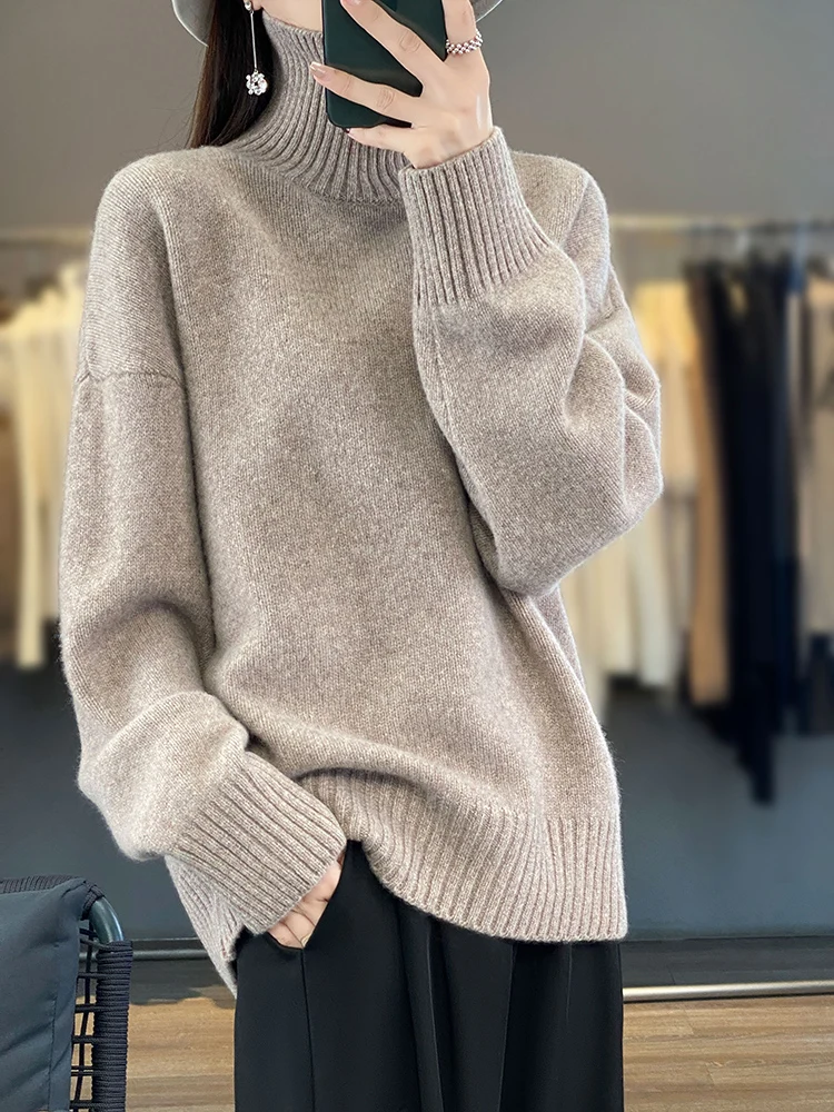 

Autumn Winter Women 100% Pure Merino Wool Sweater Turtle Neck Loose Fit Pullover Soft Casual Cashmere Knitwear Top jumpers