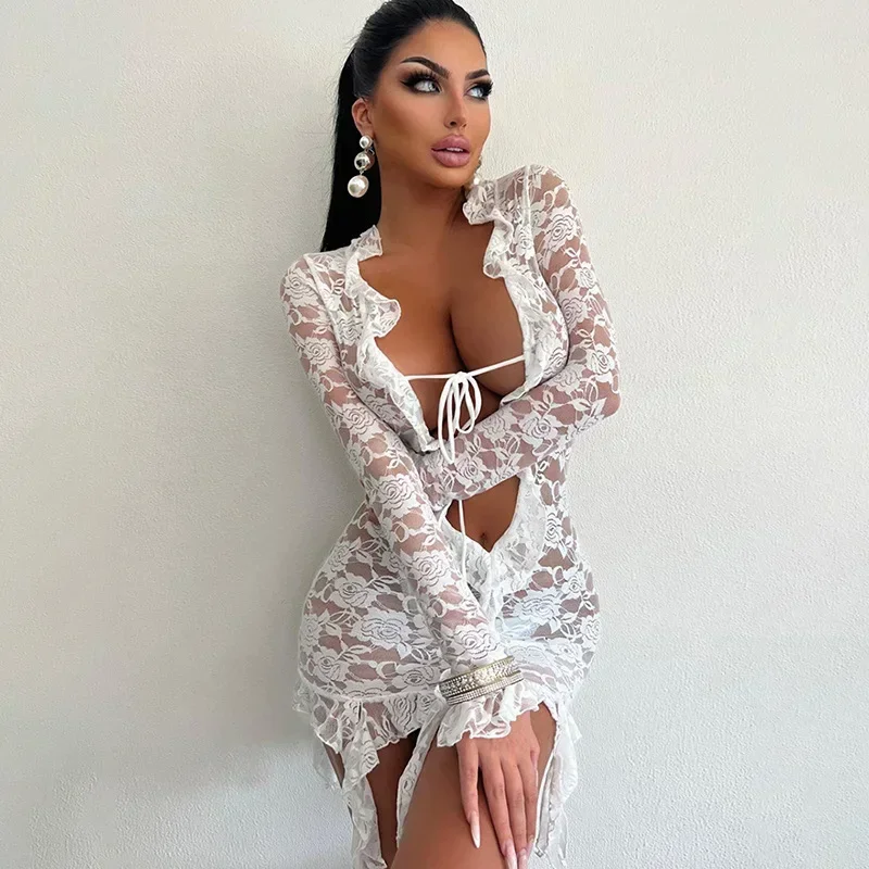 Sexy Women 2 Piece Lace Crochet Perspective Dress Leg Warmer Sets Long Sleeve Lace Ruffles Dress Party Outfits Two Piece Outfits