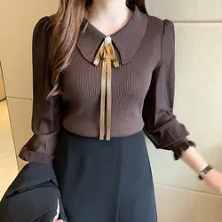 Elegant Fashion Peter Pan Collar Spliced Slim Sweaters Women's Clothing Autumn Female Solid Color Lantern Sleeve Knitted Tops