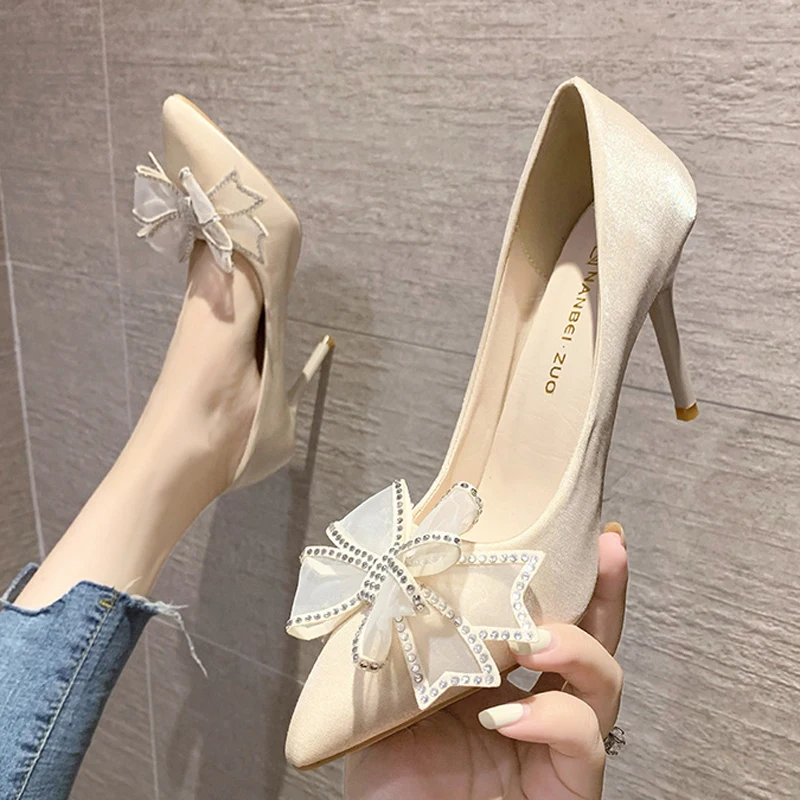 Women's High-heel Pumps Ladies' Sparkle Shoes Boe-tie With Rhinestone Pointed-toe For Wedding Party Dress Plus Size Four Seasons