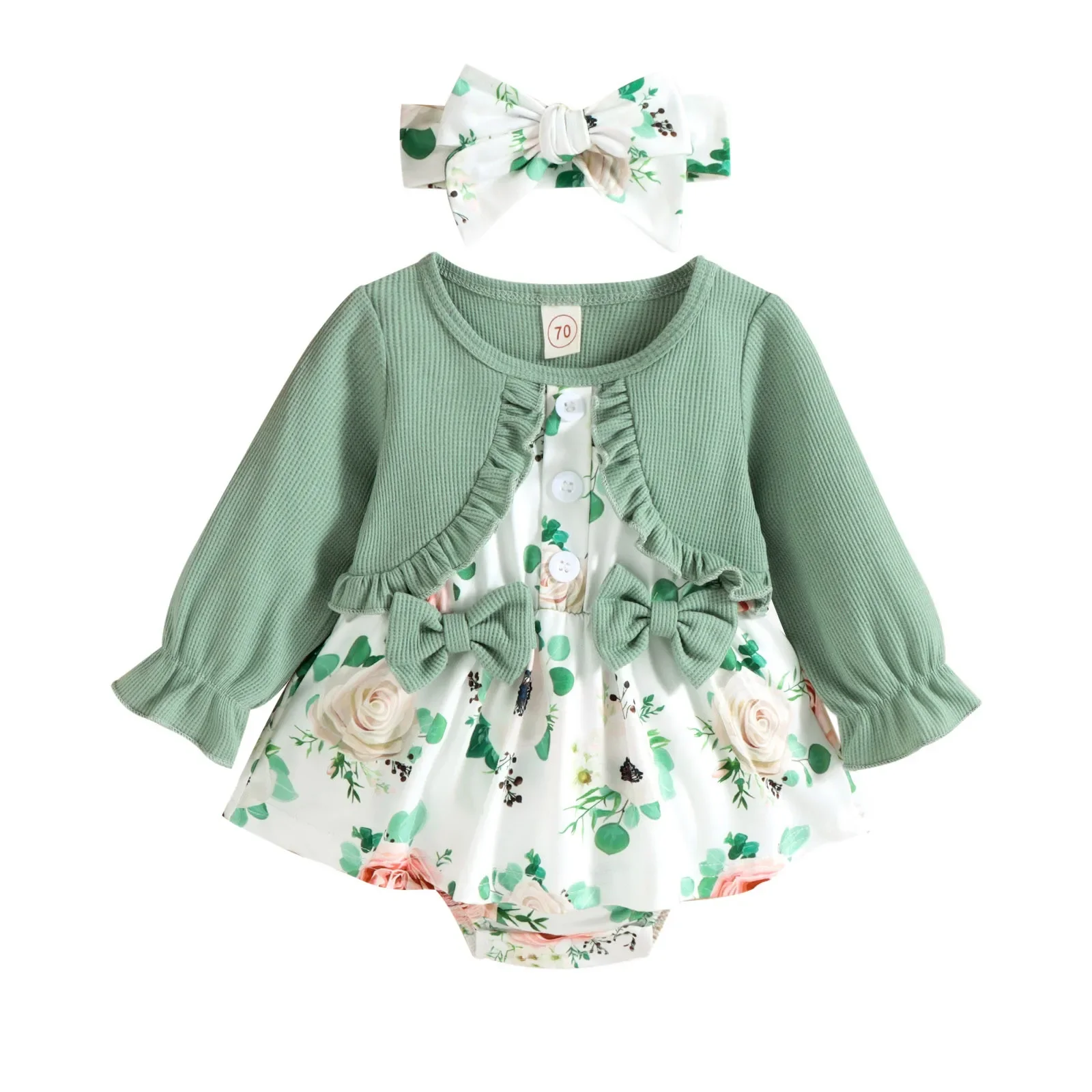 

Newborn With Bow Headbands Party Set Infant Girls Ruffles Bodysuits Dress Baby Long Sleeve Floral Prints Bowknot Romper Pullover