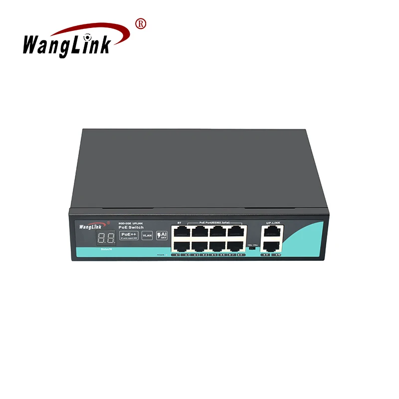 Gigabit 8+2 Port AI PoE Switch with Digital Display 2 RJ45 Uplink 120W Power VLAN Metal Case Small Business