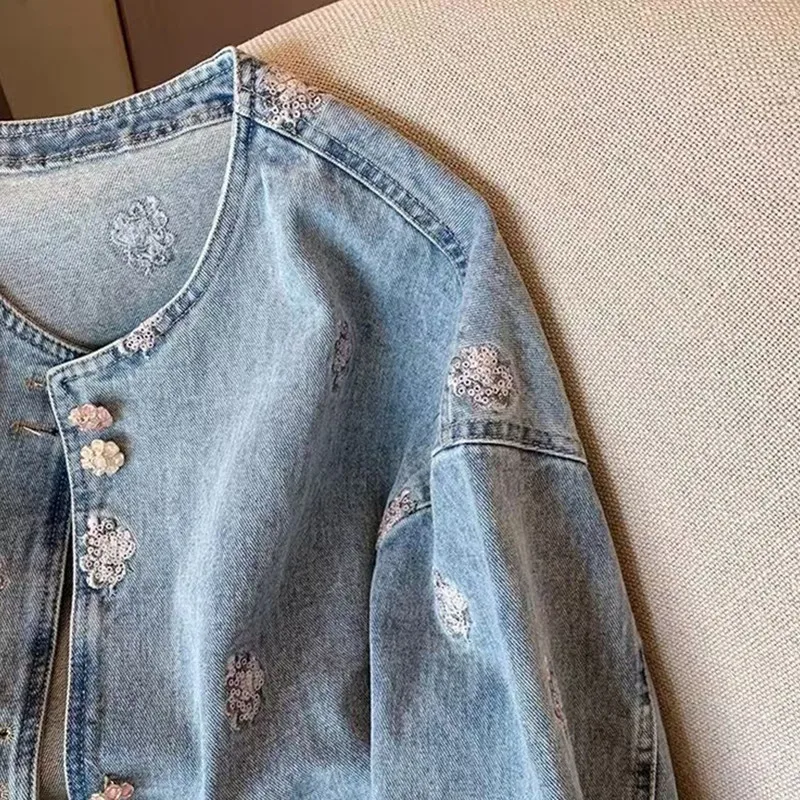 

Women's Denim Jacket Spring Autumn Design Female Embroidery Outerwear Jacquard Single-breasted Sequined Jacquard Cowboy Coats