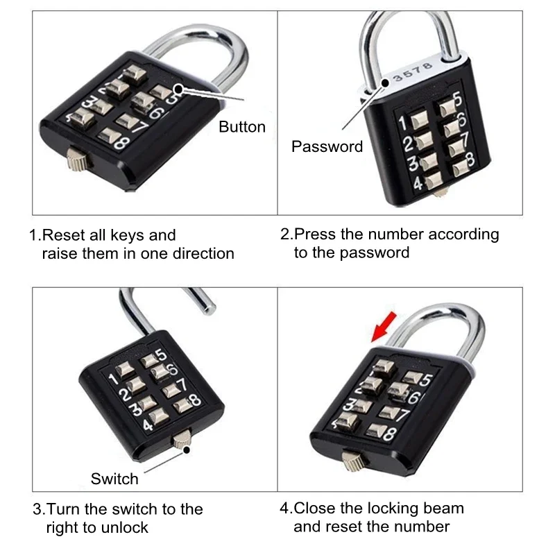 8 Digits Password Code Combination Padlock Zinc Alloy Suitcase for Luggage Travel Code Smart Lock Code Keyed Anti-thieft Lock