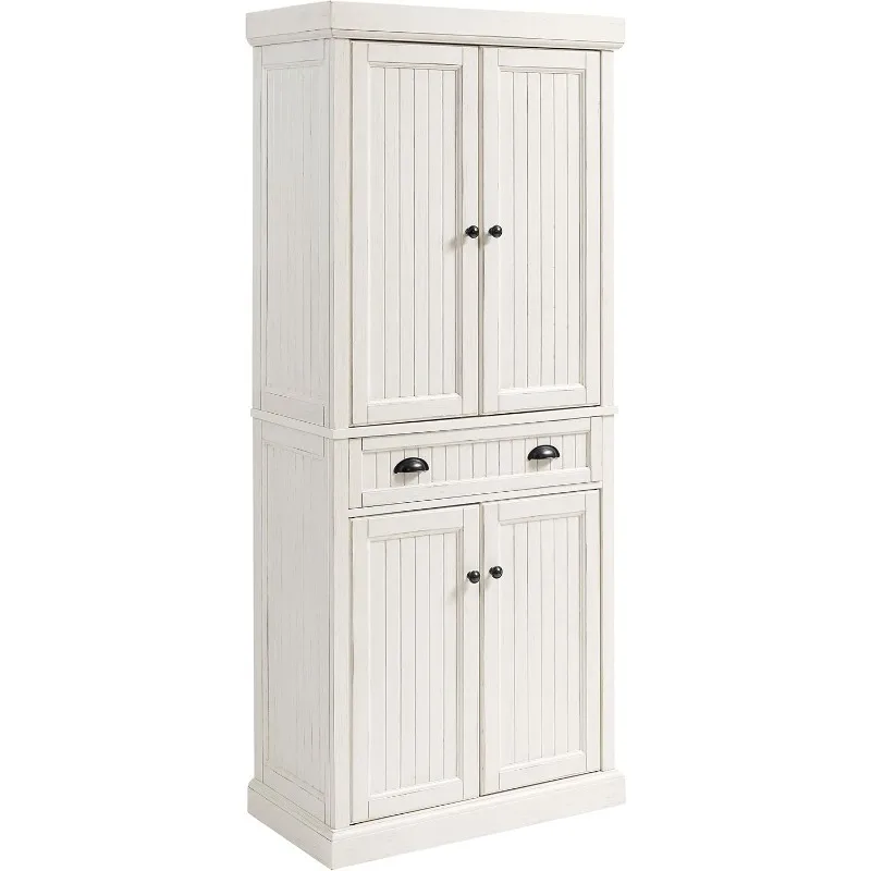 Seaside Coastal Pantry Storage Cabinet with Shelves  Kitchen  Dining  or Laundry Room  Distressed White